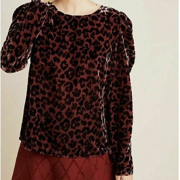Dolan Left Coast Anthropologie Charley Leopard Top Puff Long Sleeve Velvet Small - Picture 1 of 10